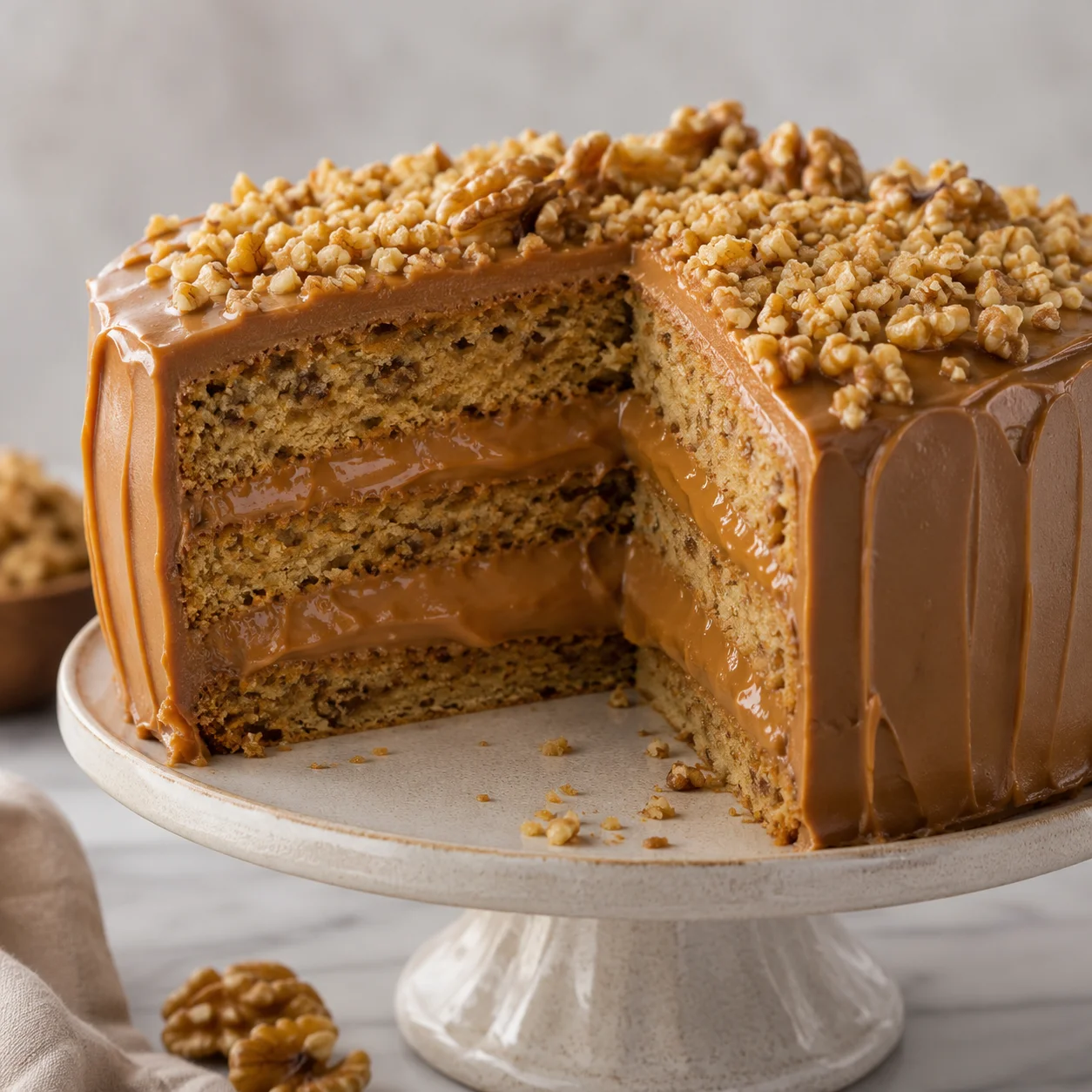 Bolo de Nozes Recheado com Doce de Leite