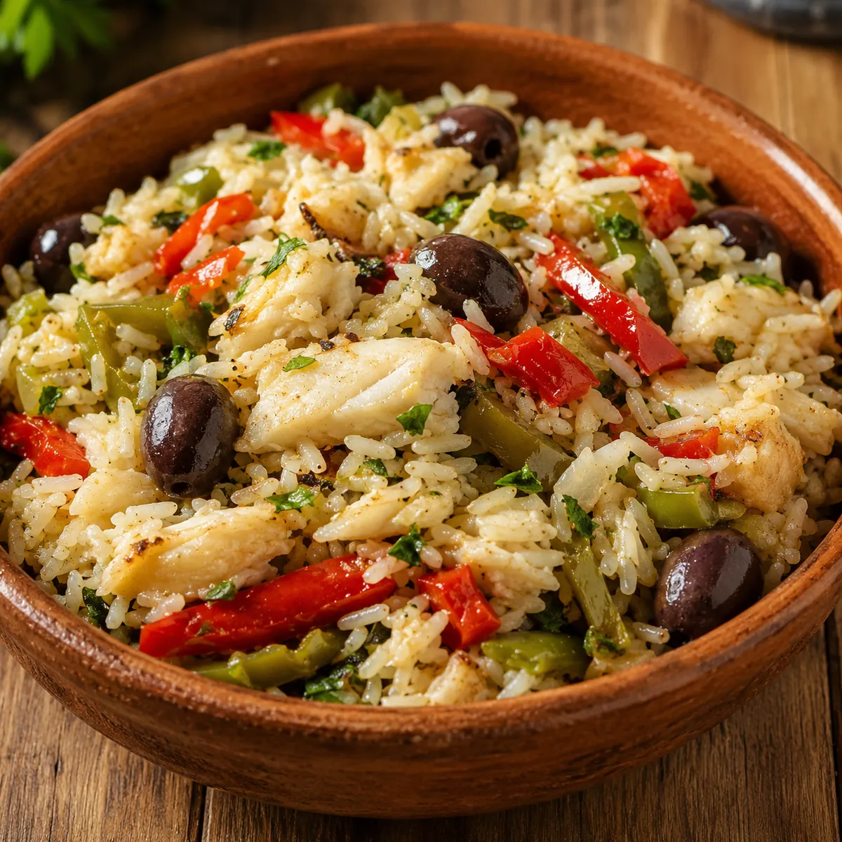 Arroz de Bacalhau com Azeitonas e Pimentões
