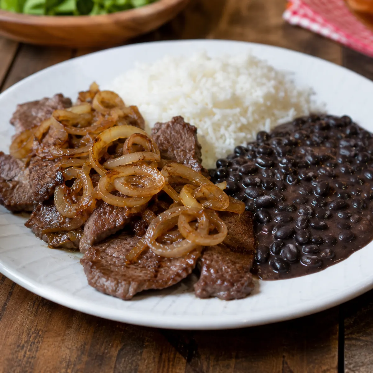 Bife Acebolado com Arroz e Feijão