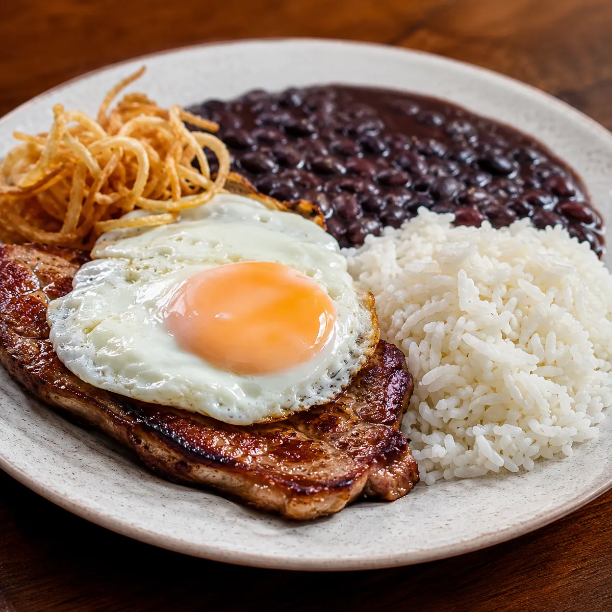 Bife a Cavalo com Arroz e Feijão