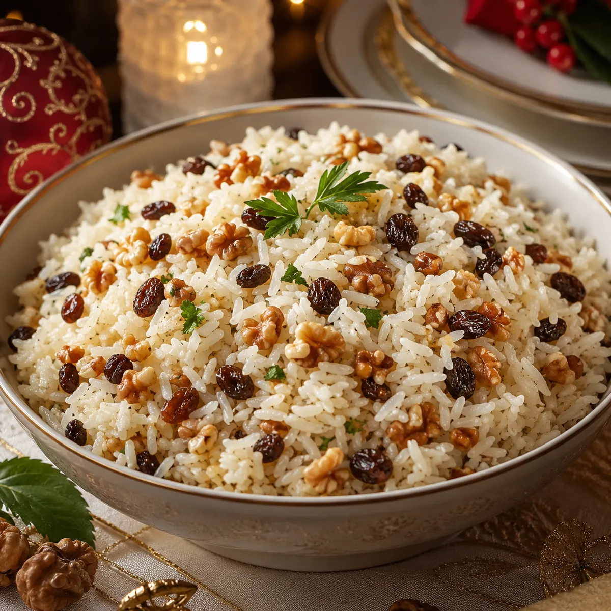 Arroz Festivo com Nozes e Uvas Passas