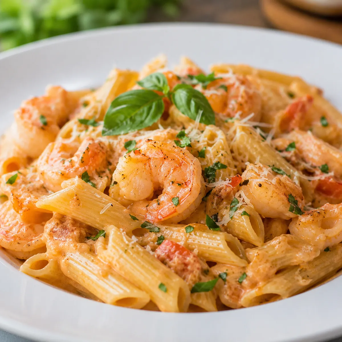 Penne com Camarão e Molho Rosê