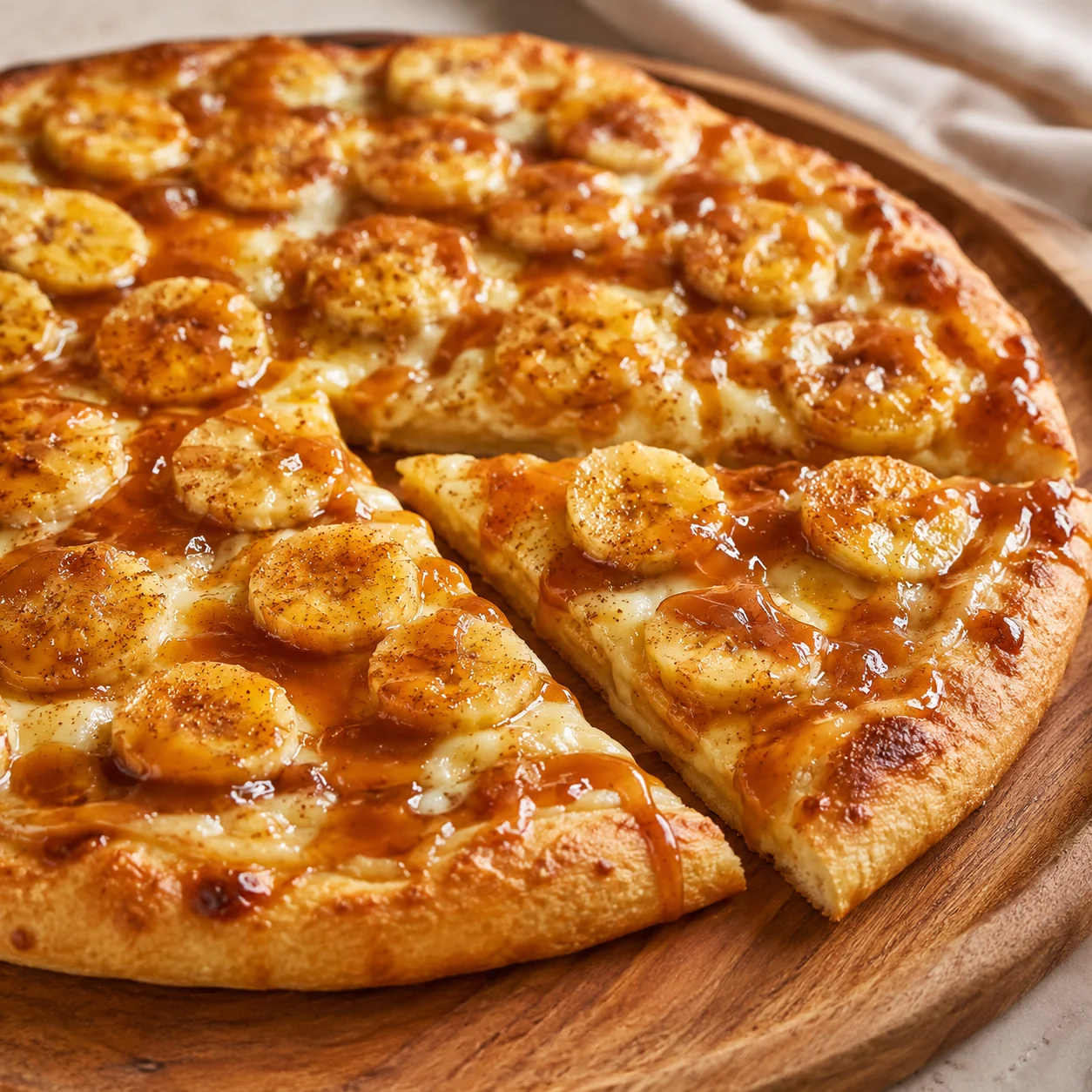 Pizza Doce de Banana com Calda de Caramelo