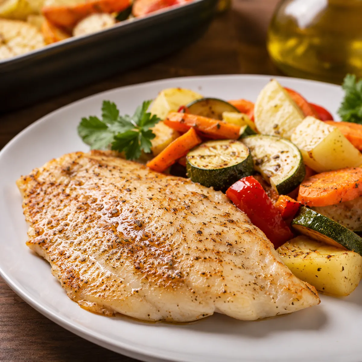 Filé de Peixe Assado com Legumes