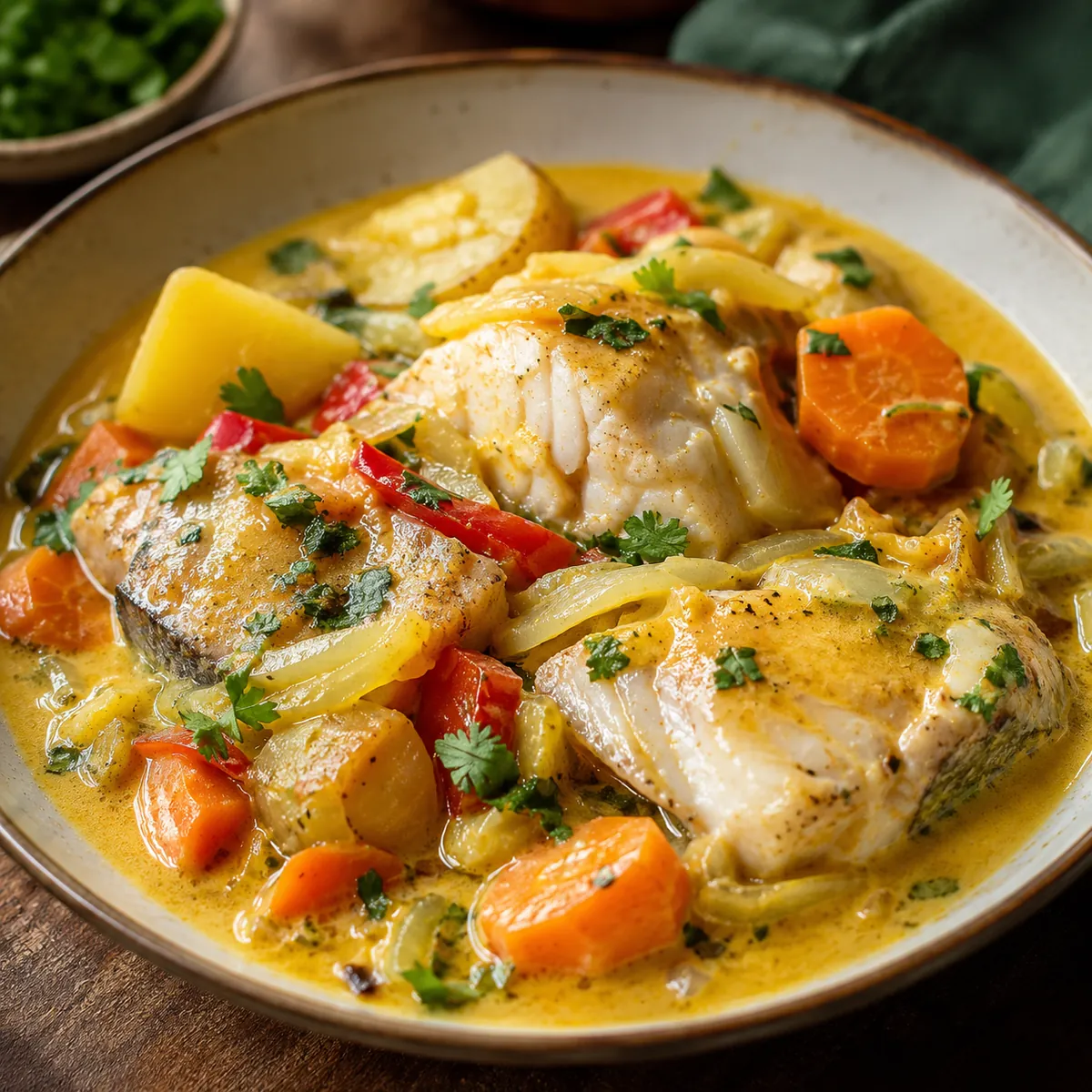 Peixe Cozido com Legumes e Molho de Coco