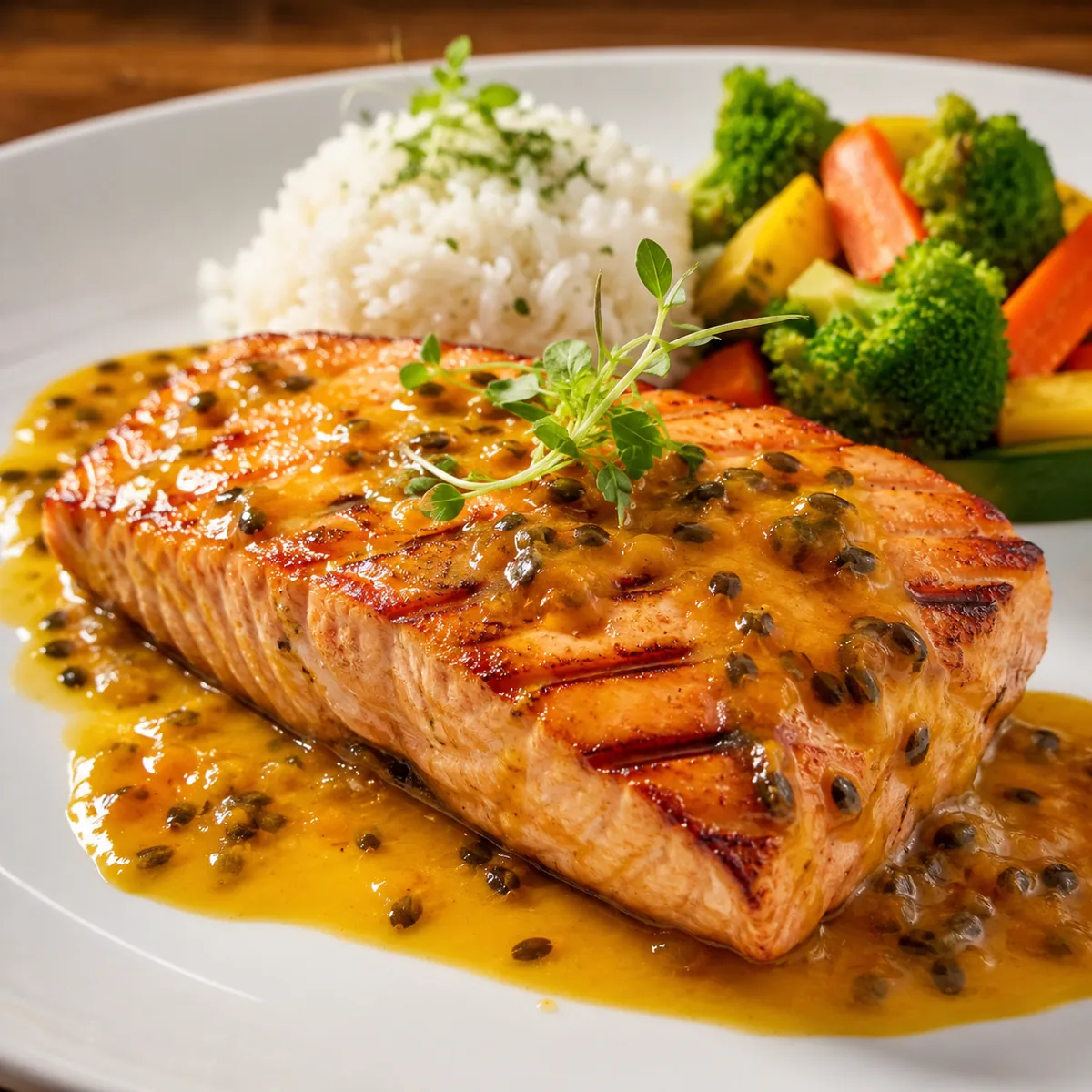 Salmão Grelhado com Molho de Maracujá