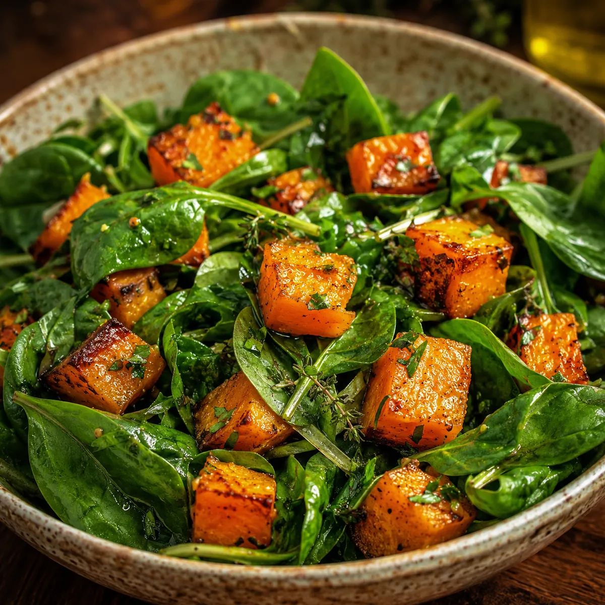 Salada de Abóbora Assada com Espinafre