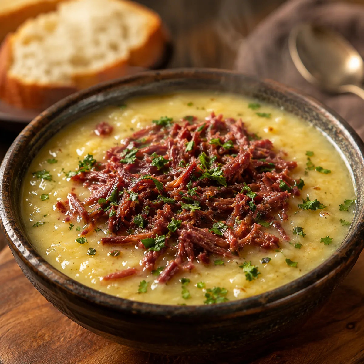 Sopa de Mandioca com Carne Seca Desfiada